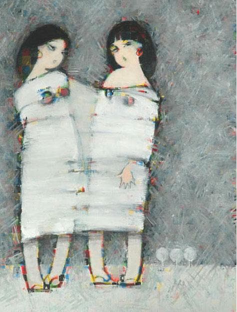 油絵 菅家令子 絵 絵画インテリア額付(黒) F6-083211人物 雪国の子供