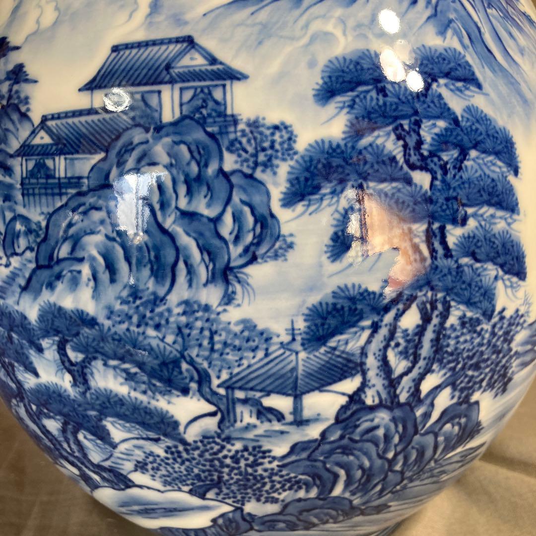 【彌左衛門】古伊万里の伝統　日本の名窯　松本彌左衛門作　染付廻り山水絵　大花瓶