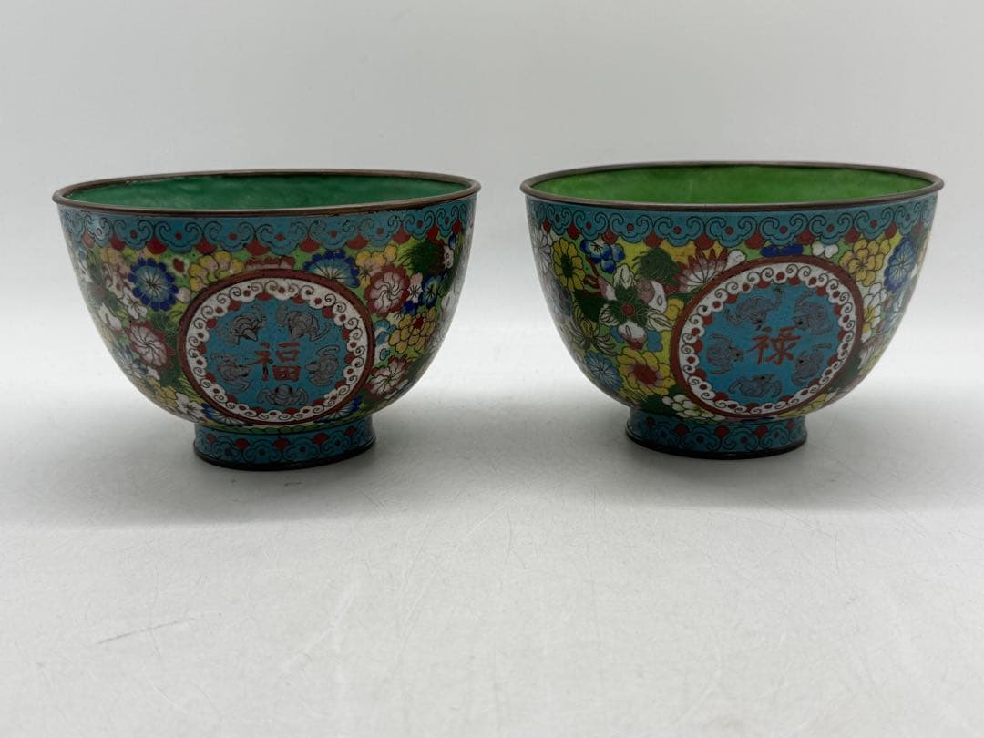 中国　民国期　七宝焼　福禄寿碗1対　景泰藍　送料込み251217