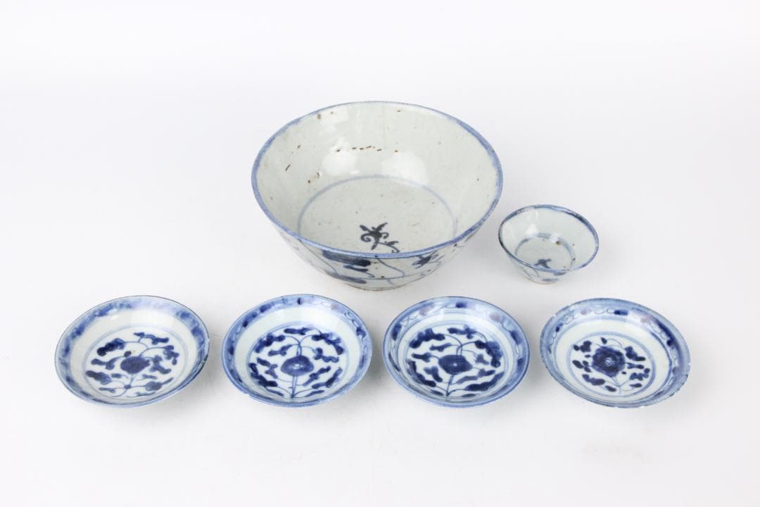 中国 安南 清時代 唐草紋樣青華染付 碗 盃　まとめ売6点 EY11-12