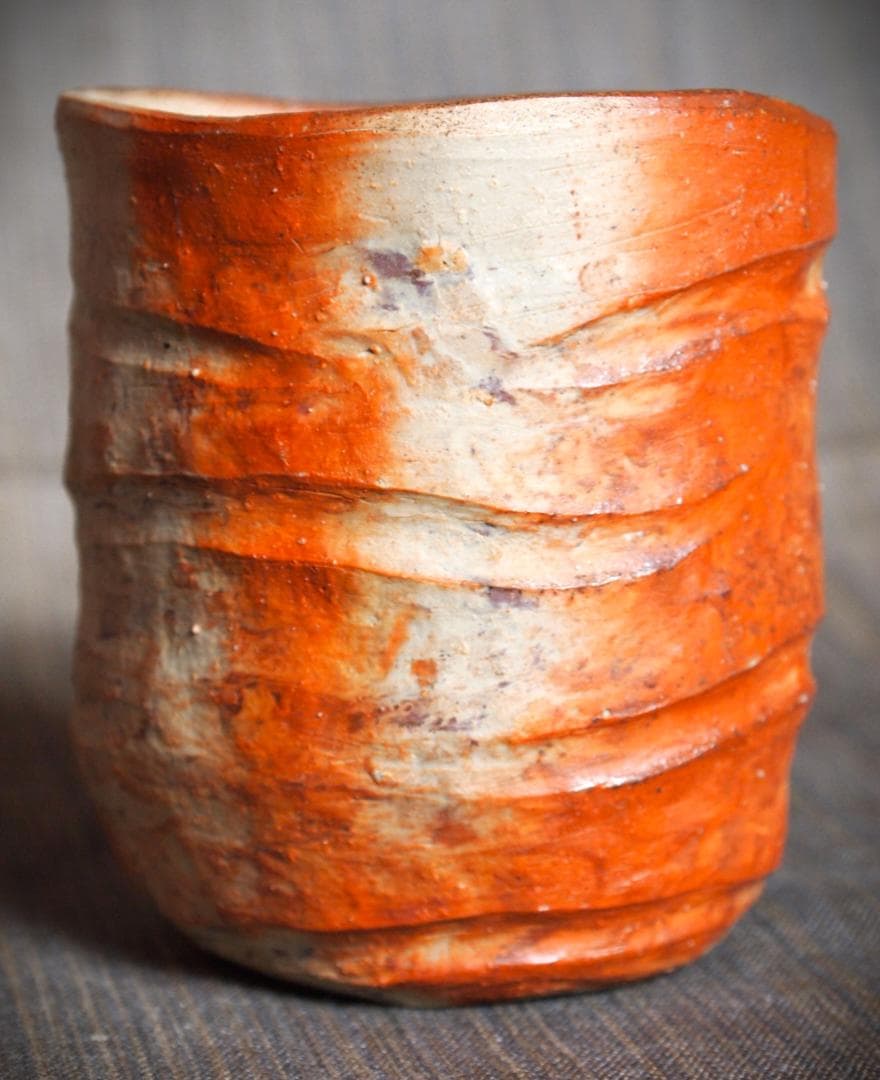 人気作家★川端文男【師：金重利右衛門】★備前《自然練り込み》湯呑み★共箱