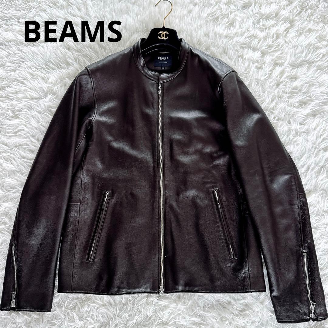 【BEAMS HEART】シングルライダースジャケット 羊革 ブラウン XL