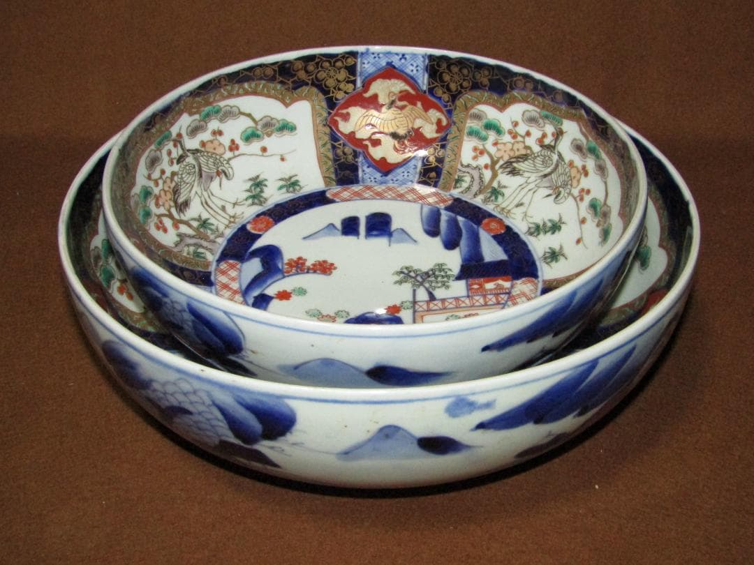 【染錦　割絵山水・立鶴図　大小鉢　２点】古伊万里