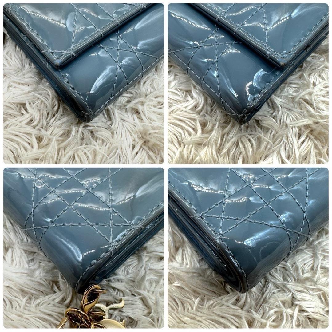 【美品】クリスチャンディオール 三つ折財布 ブルー パテント カナージュ