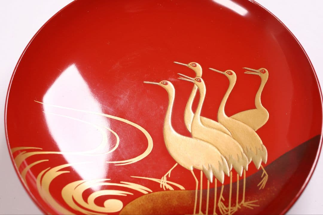 【CM373】時代木製漆器 光琳写 金蒔絵 群鶴図 朱塗 引盃 五客 小皿 杯