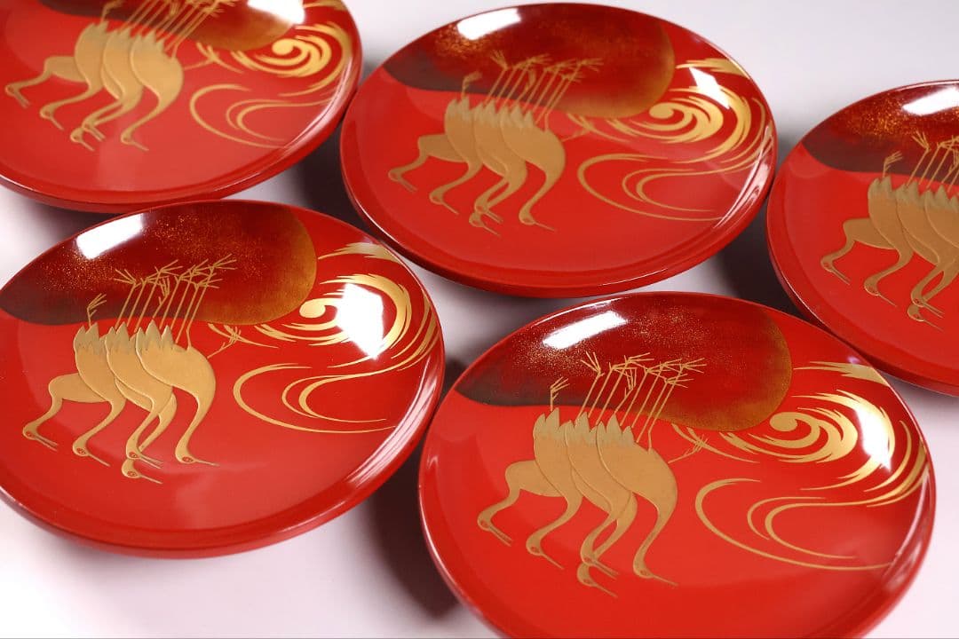 【CM373】時代木製漆器 光琳写 金蒔絵 群鶴図 朱塗 引盃 五客 小皿 杯