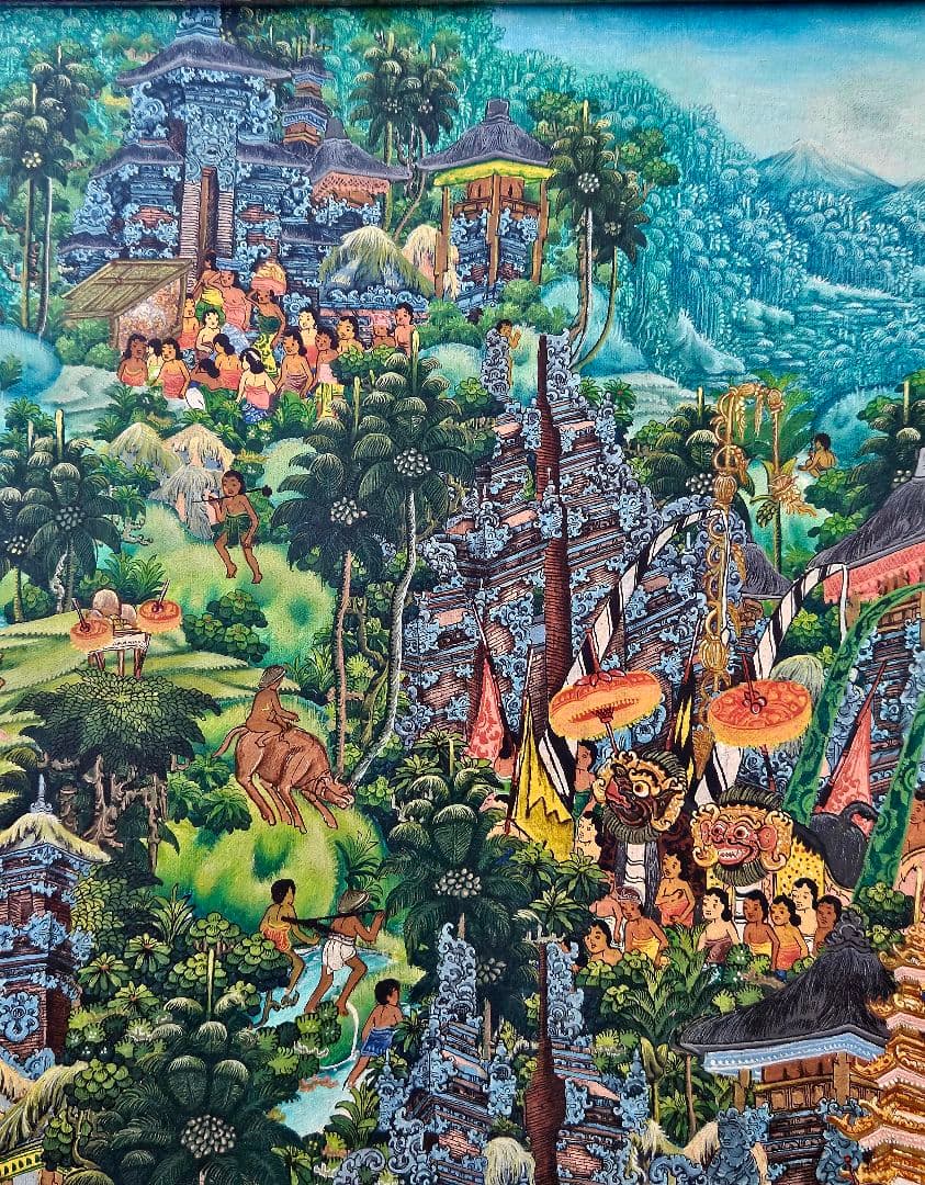 バリの風景 油彩画 PADE KETUT BONGKASO　 寺院お祭り図　額装