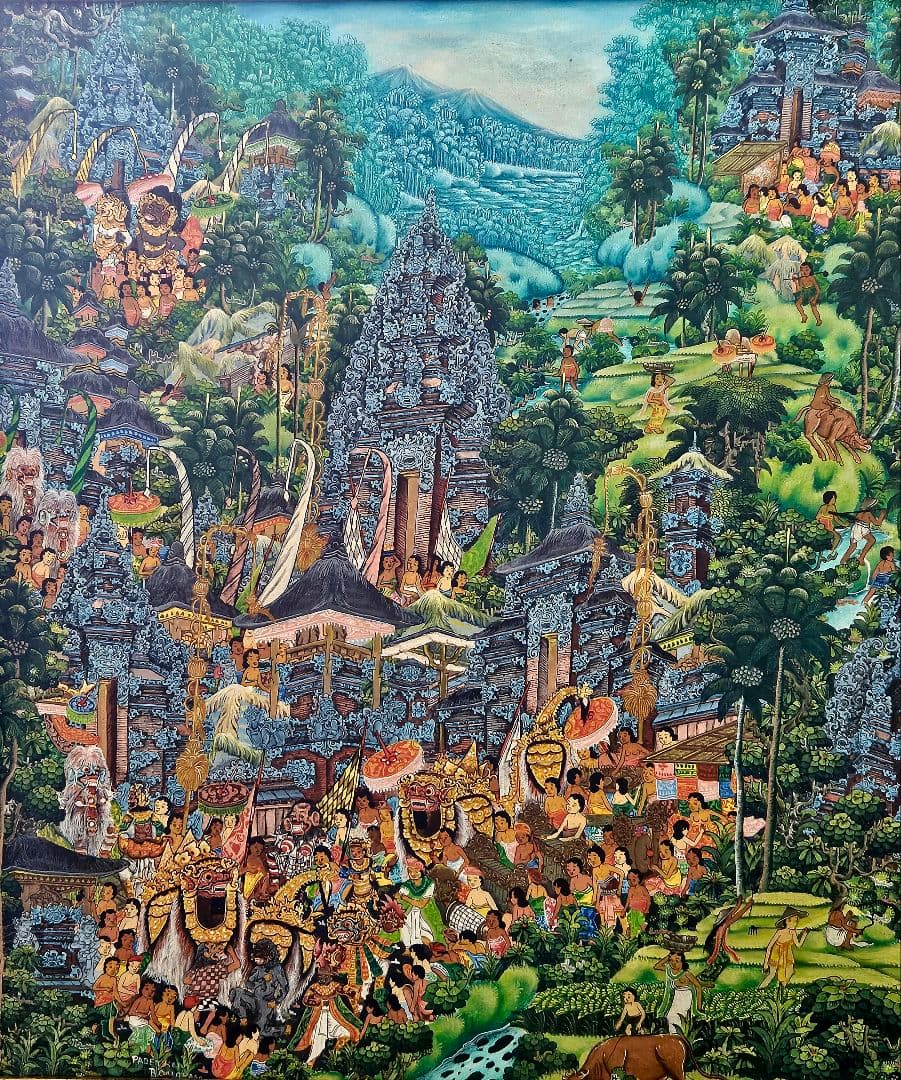 バリの風景 油彩画 PADE KETUT BONGKASO　 寺院お祭り図　額装