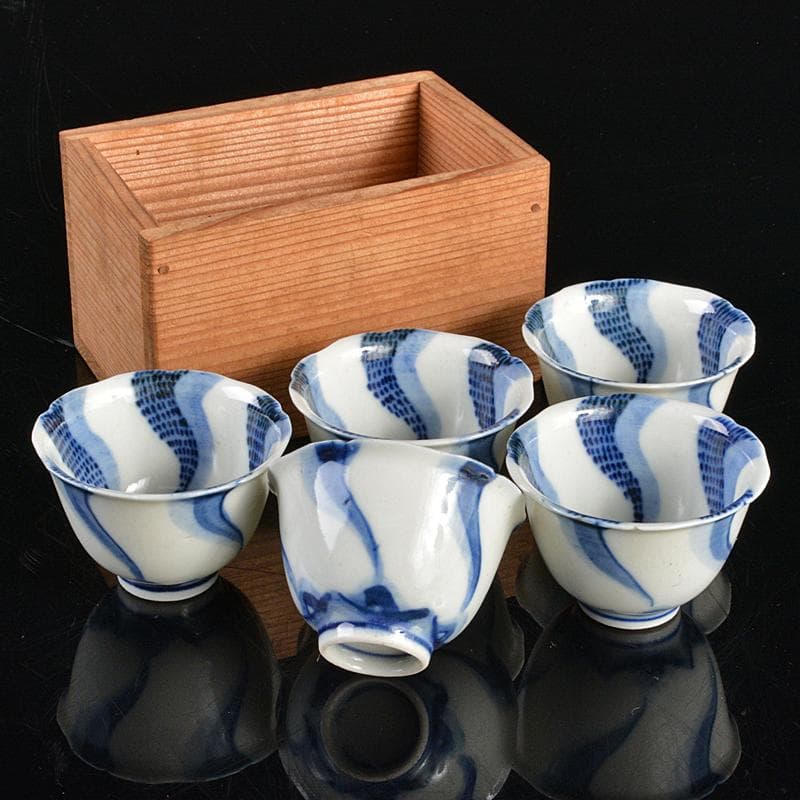 永楽善五郎造　染付　捻り文　煎茶碗　五客　時代箱付　V　R5390
