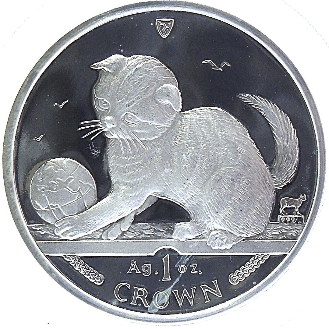 世界に5枚 PCGS 69DCAM 地球で遊ぶ猫 2000 マン島 クラウン銀貨