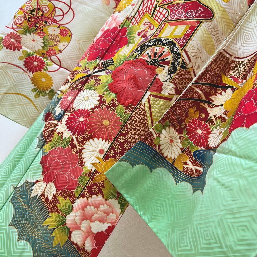 389 振袖フルセット 正絹 黄緑 ミントグリーン 金彩 刺繍 暈し染め 華やか