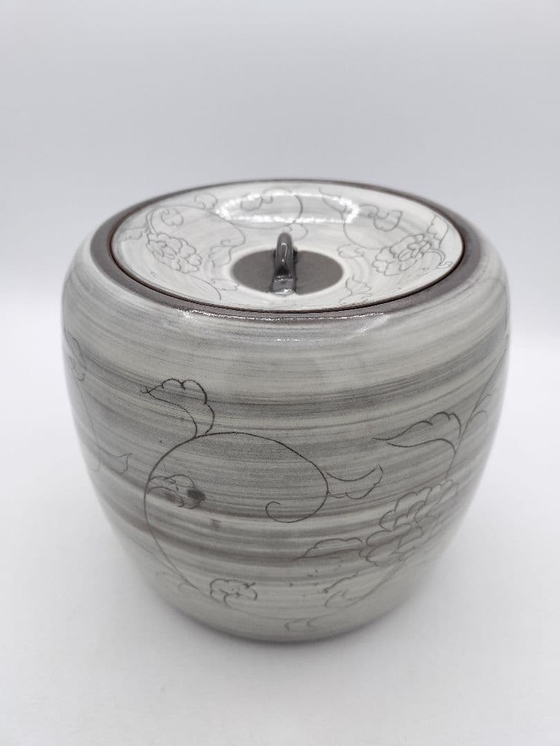 c655 水指 現川焼 唐草文様 武村利左衛門 木箱 茶道具 古物