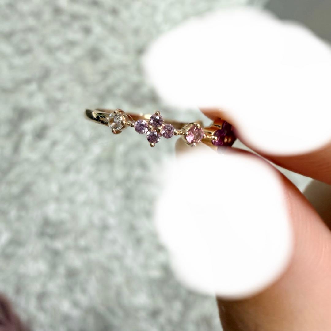 ツツミ　K10YG 13号　マルチストーンリング　ピンク系　ガーネット