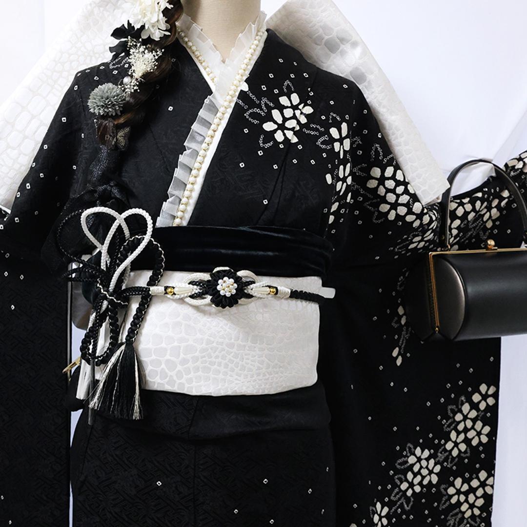 絞り◆ 振袖丈169.5cm 5点セット ◆フルセット黒モノトーン成人式ｃB39