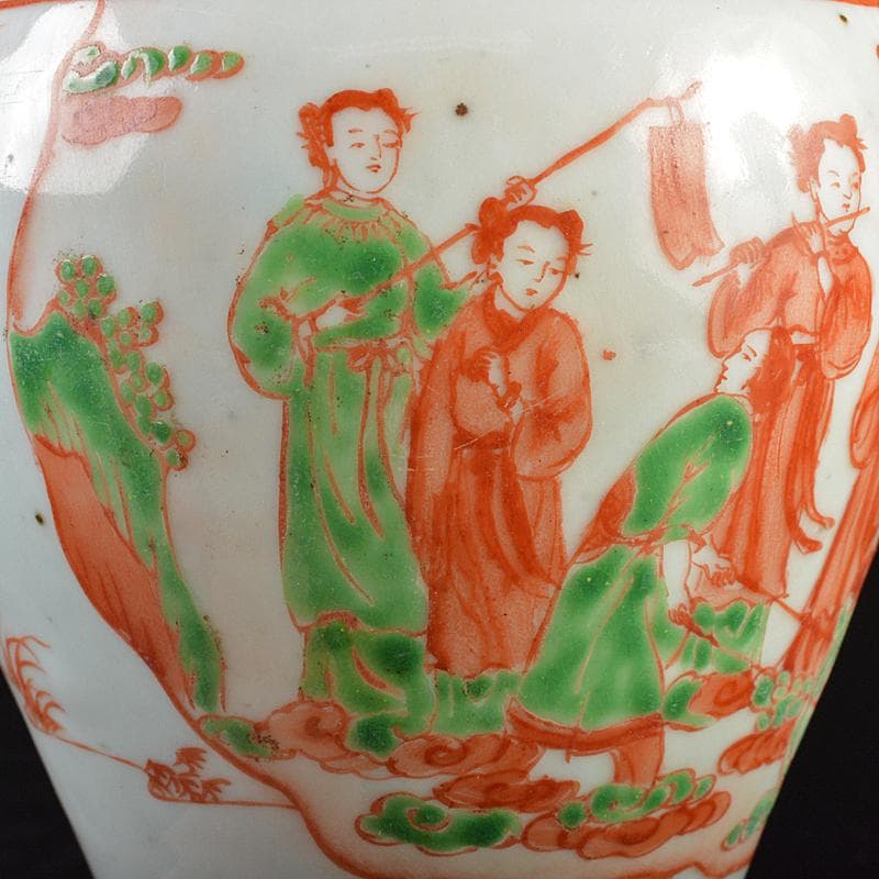 中国　大明萬暦年製款　赤絵　鳳凰人物文　梅瓶　V　R7283