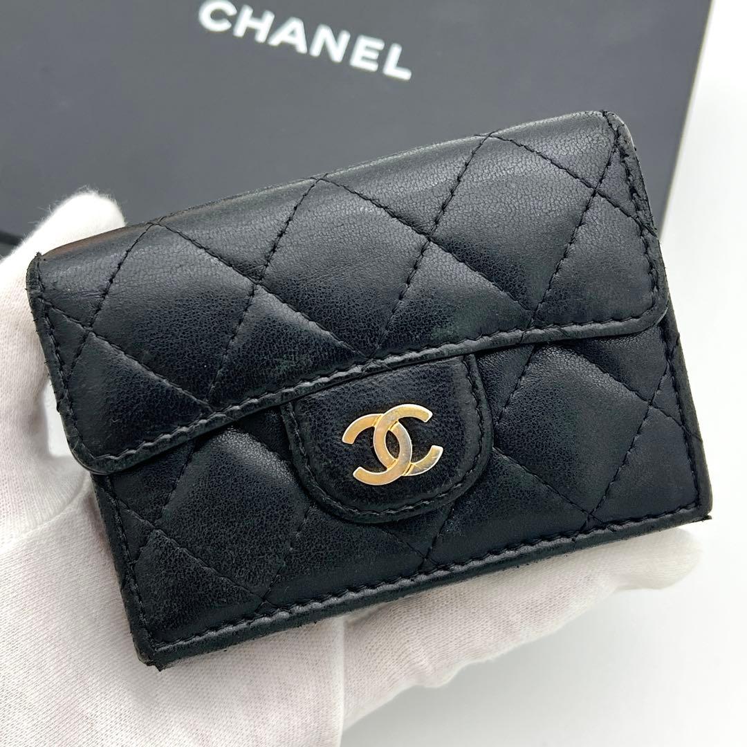 【鑑定済み】シャネル マトラッセ ラムスキン 三つ折り財布 ブラック 黒