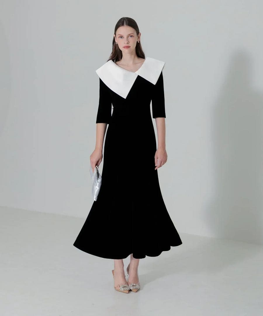 Leja アシンメトリービッグカラーベロアマーメイドワンピースドレス