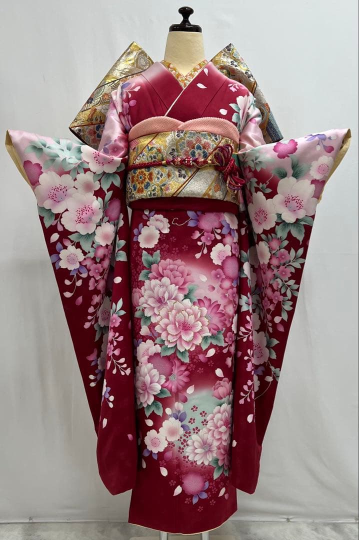 振り袖　フルセット　長襦袢付　赤　成人式　刺繍入り　銀通し　670