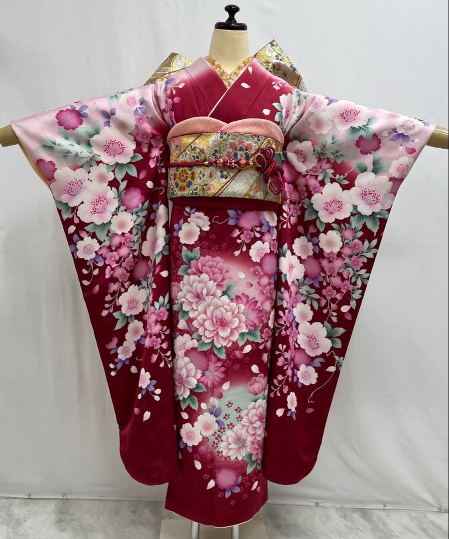 振り袖　フルセット　長襦袢付　赤　成人式　刺繍入り　銀通し　670