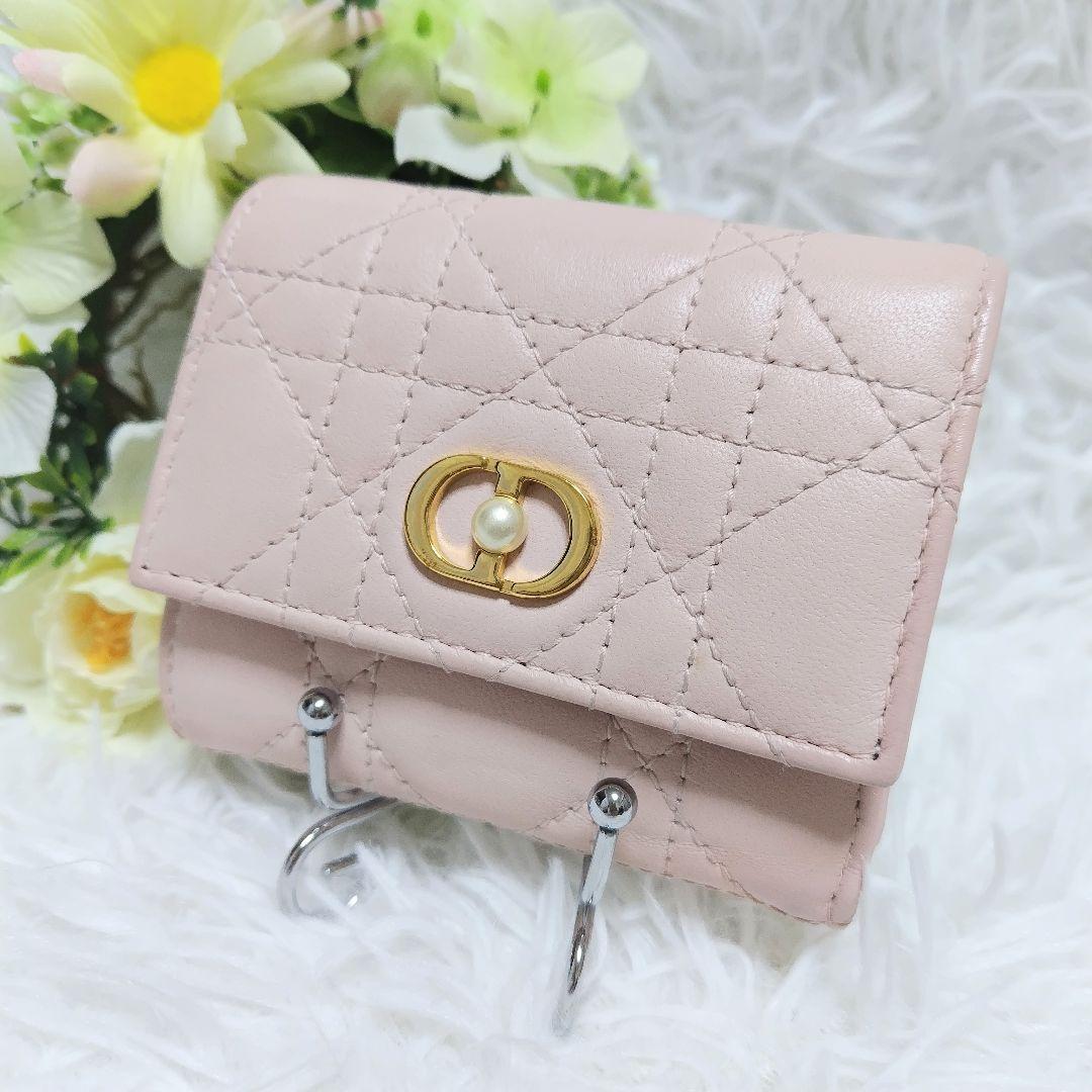 レア美品✨ディオール◇パールカロ三つ折り財布　カナージュゴールド金具ペールピンク
