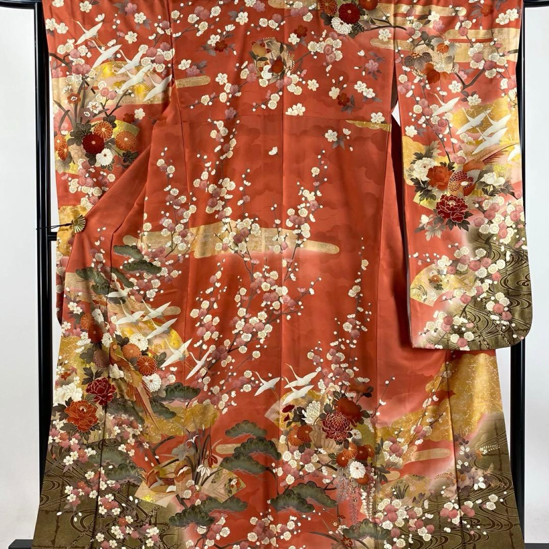 な*お様 振袖　振袖フルセット　着物　鶴模様　竹松　金彩　朱色　金糸