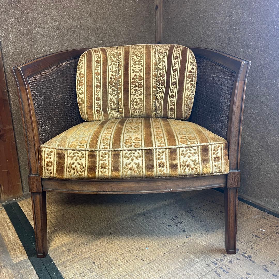 昭和レトロ 籐張り ラウンジチェア 1人掛け　ゴールド系　イエロー系 ラタン