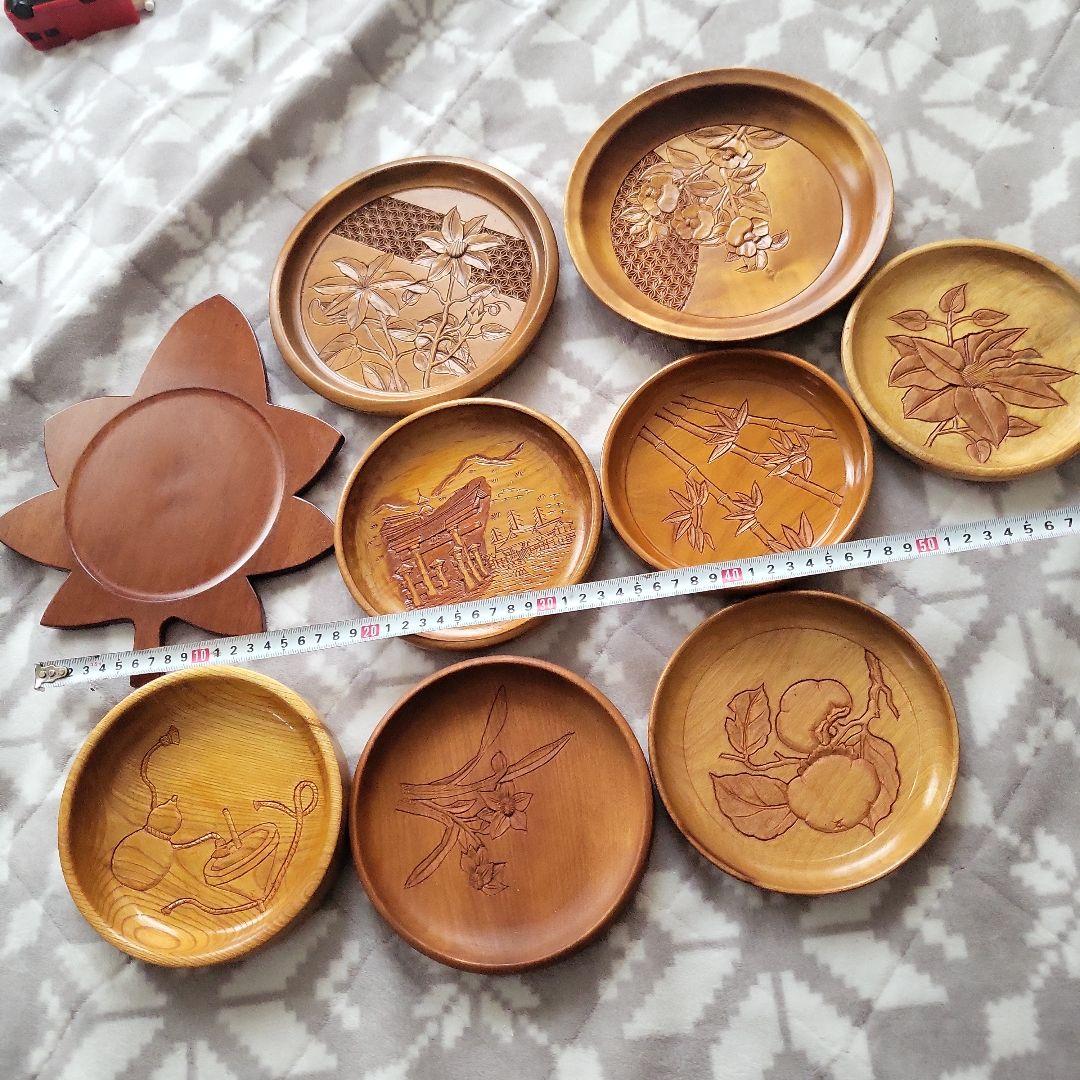 木製 彫刻盆 9枚セット お盆 宮島彫 お菓子 柿 駒 牡丹 レトロ 紅葉