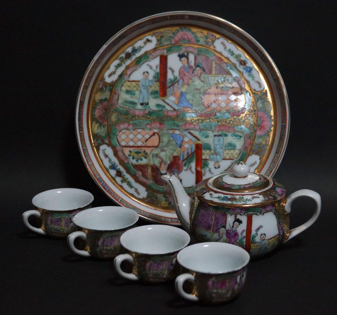 中国 広彩 粉彩色絵『窓絵美人鳥花図』 茶器セット(急須/湯呑み4個/皿)手描き