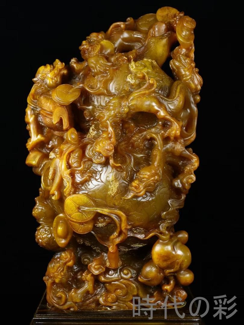 中国古美術【寿山田黄石 招財進宝】滄朋作款 旧蔵重器 11.61kg 鏤空 在銘