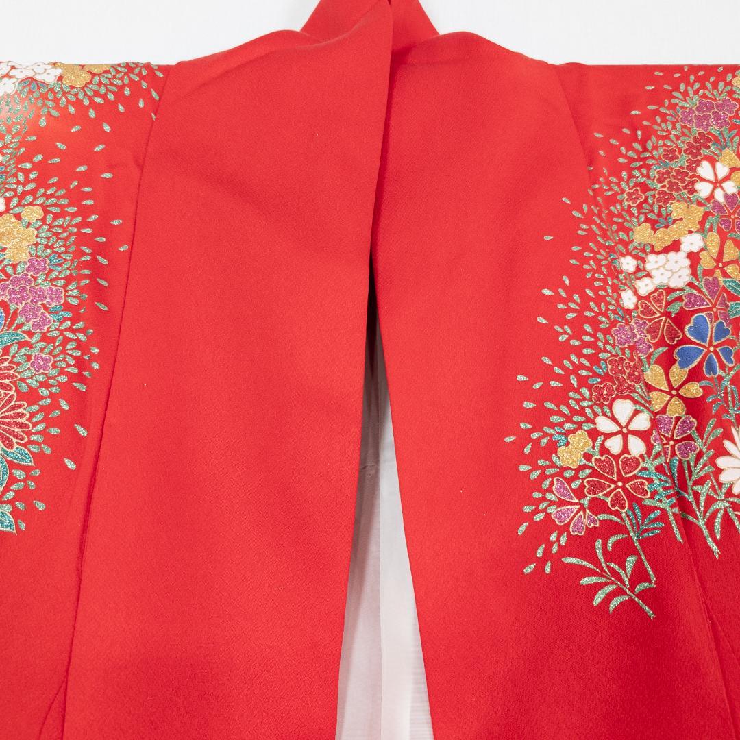R7SK1289 引き振袖 大振袖 赤 ゴールド 豪華 ラメ 花 シルク 着物