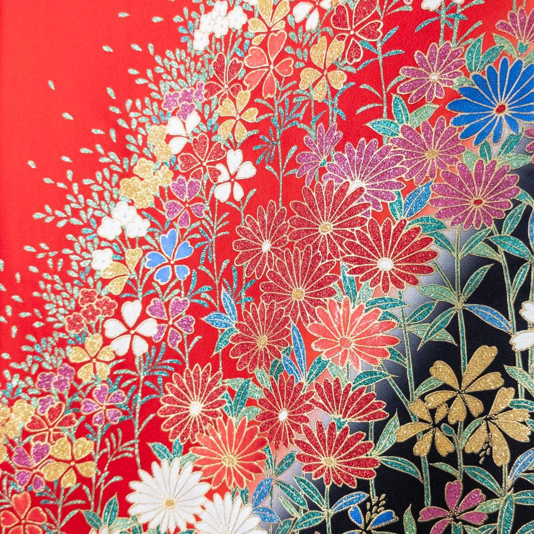 R7SK1289 引き振袖 大振袖 赤 ゴールド 豪華 ラメ 花 シルク 着物