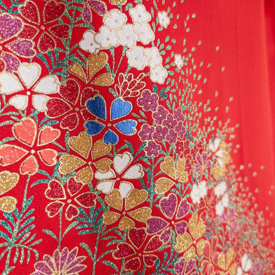 R7SK1289 引き振袖 大振袖 赤 ゴールド 豪華 ラメ 花 シルク 着物