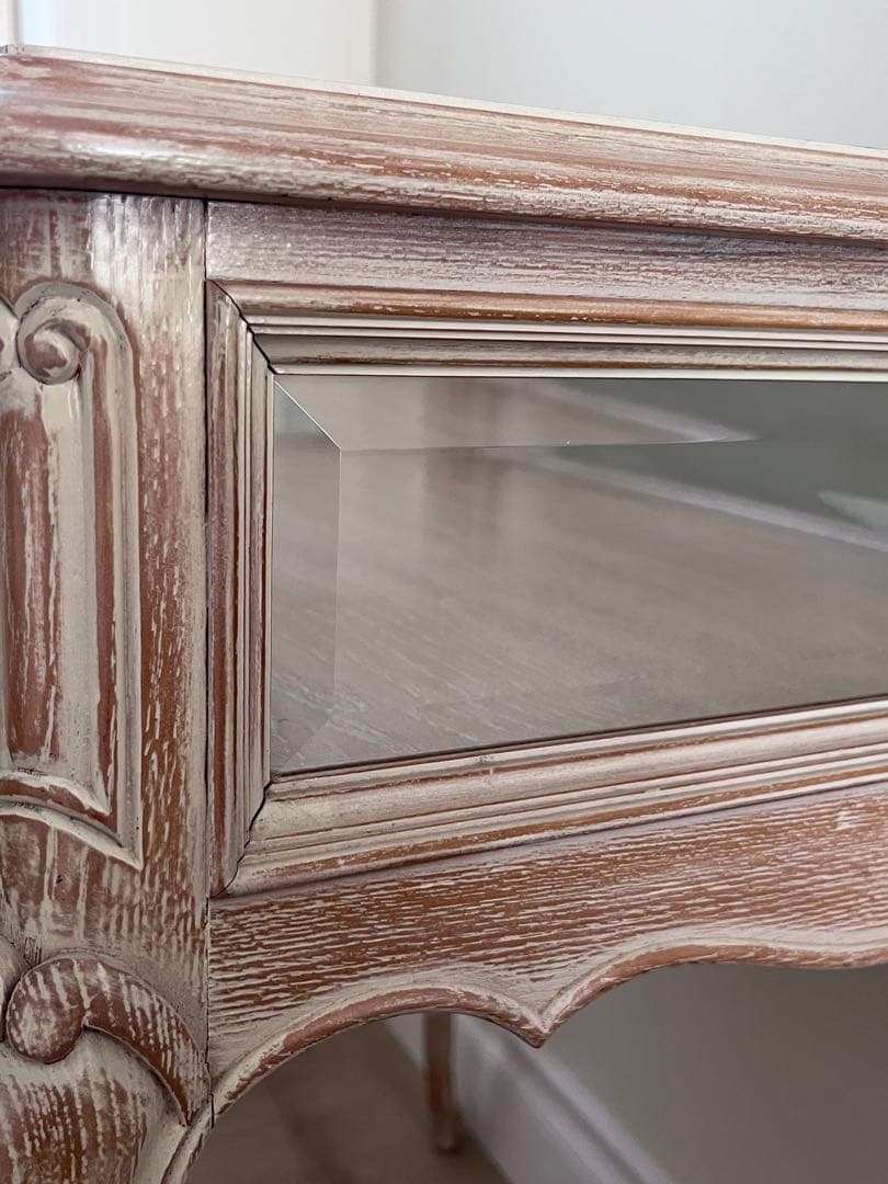 【ドレッサーにぴったり】ガラス天板引き出し付き、優雅なコンソールテーブル