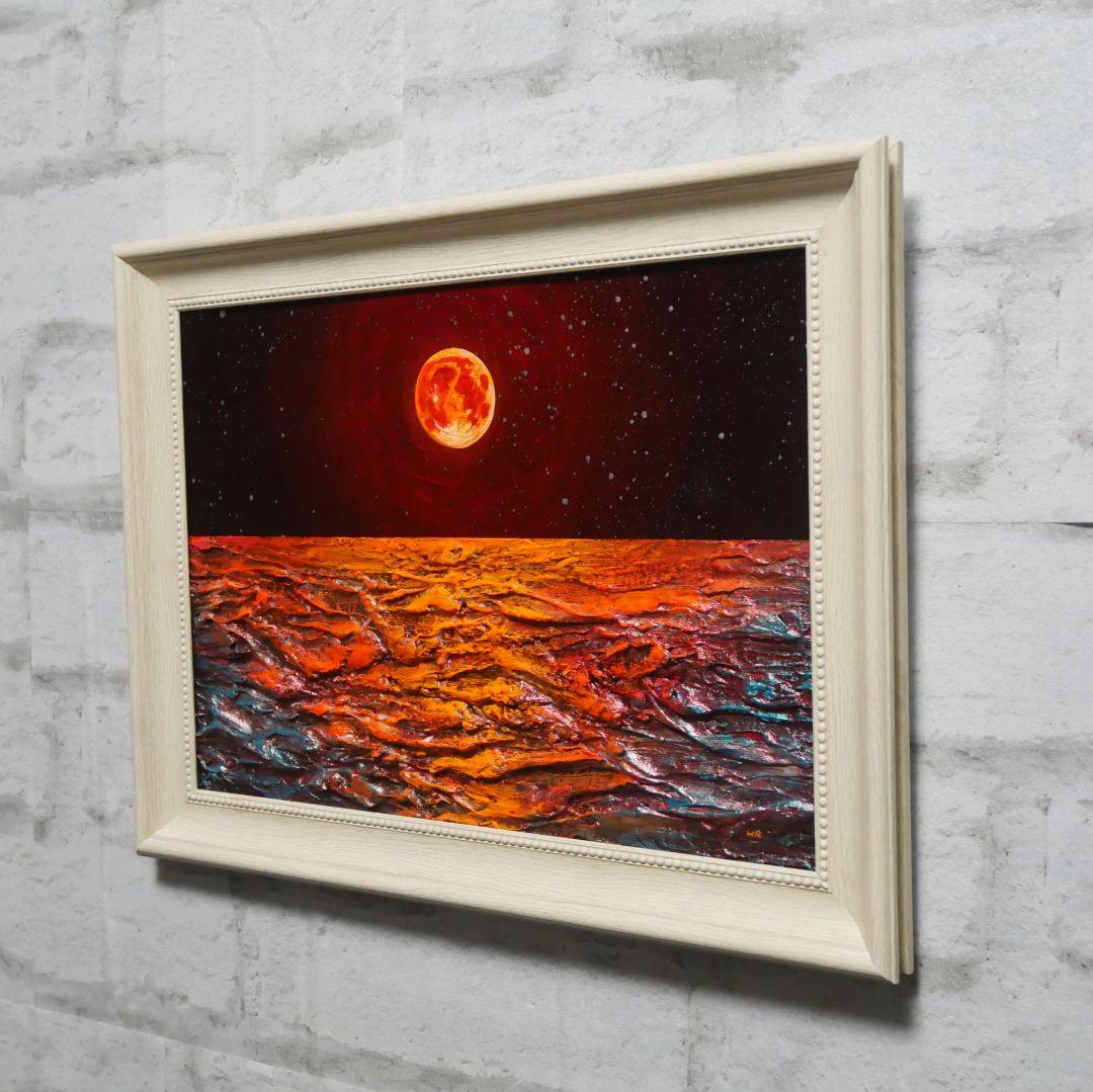 油絵 油彩 油彩画 絵 絵画 【オレンジ色の満月と輝く海】