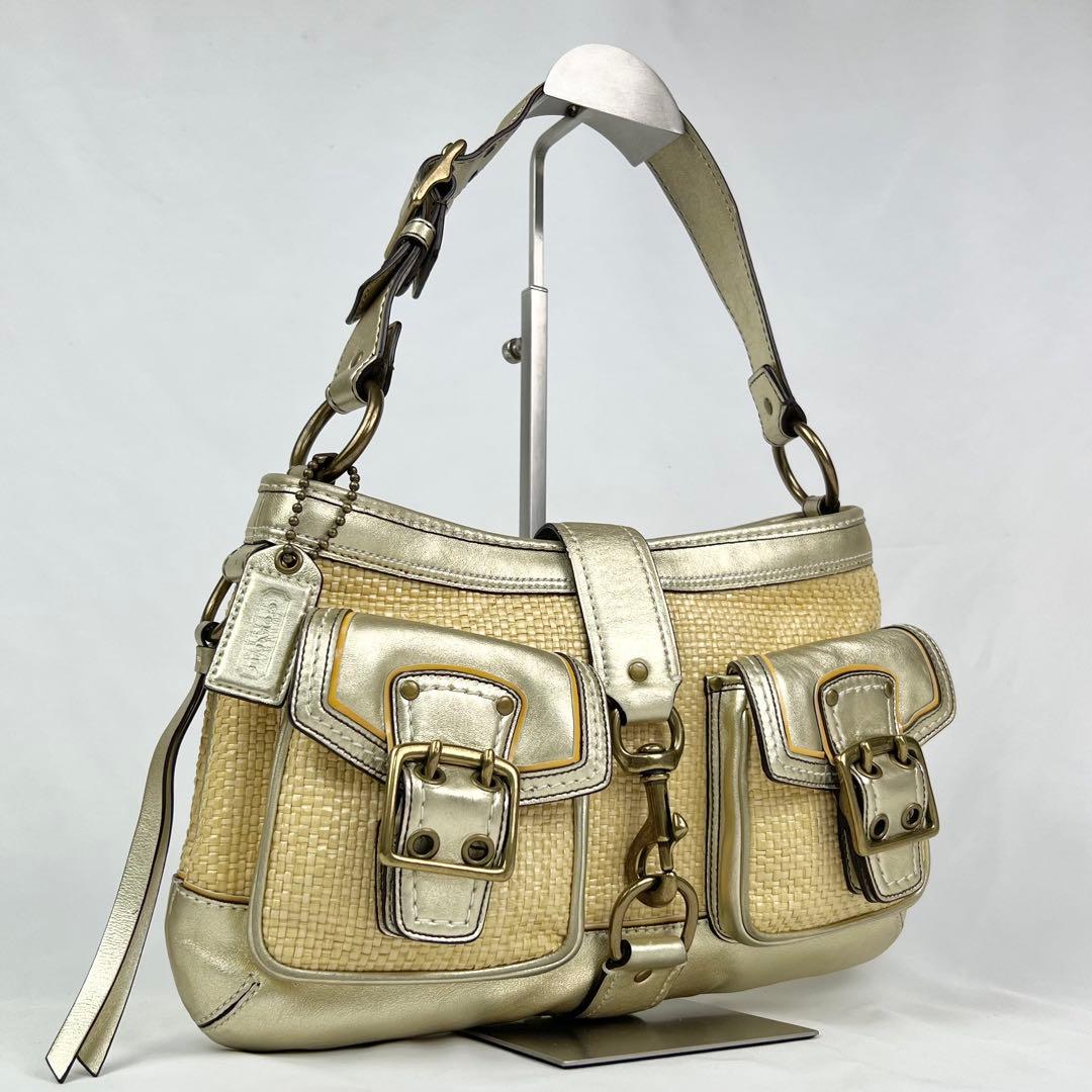 COACH レガシー バックル ショルダーバッグ ストロー ラフィア ベージュ