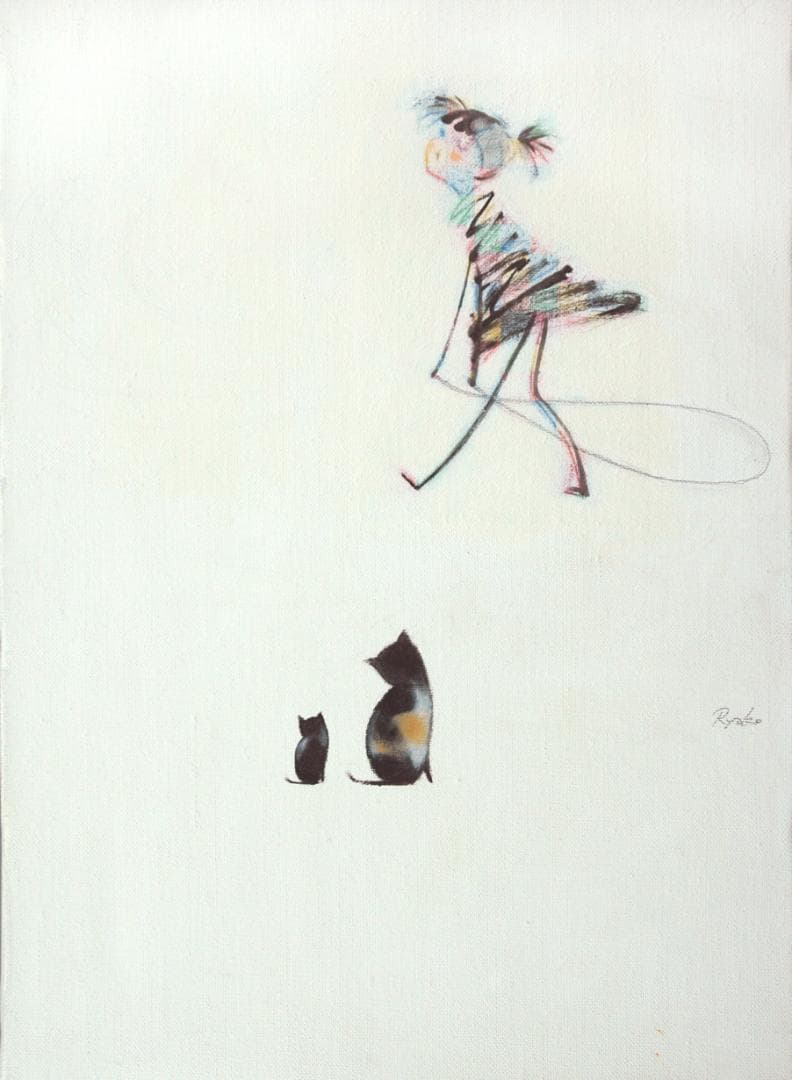 油絵 菅家令子 絵 絵画インテリア額付(青緑＋金色の枠)F4-030319猫女子