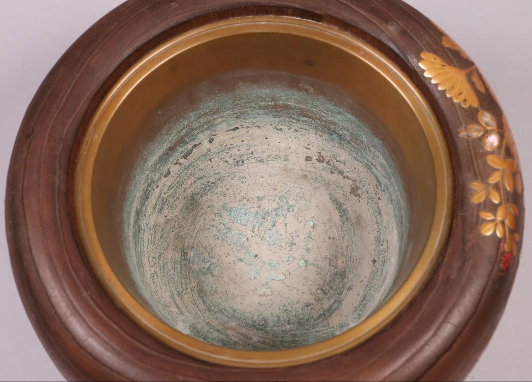 花鳥蒔絵 螺鈿細工 桐火鉢 幅30.7cm 高20cm 金蒔絵 草花【MB69