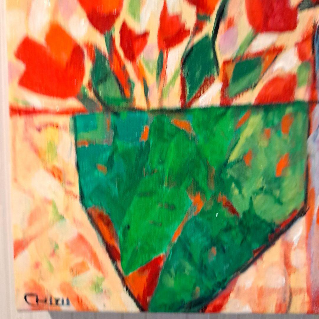 キャンバス油絵 　いとを　お花とビンとカップのあるテーブル　おしゃれ静物画