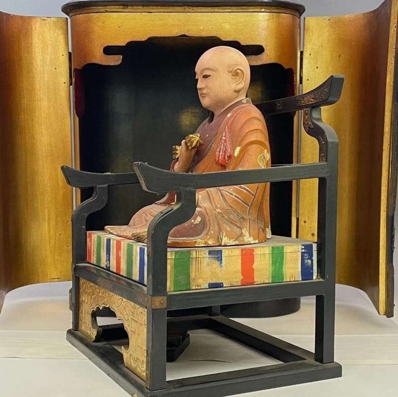 仏教美術 時代物 木彫り 弘法大師像 厨子入り 空海 仏像 骨董 古玩