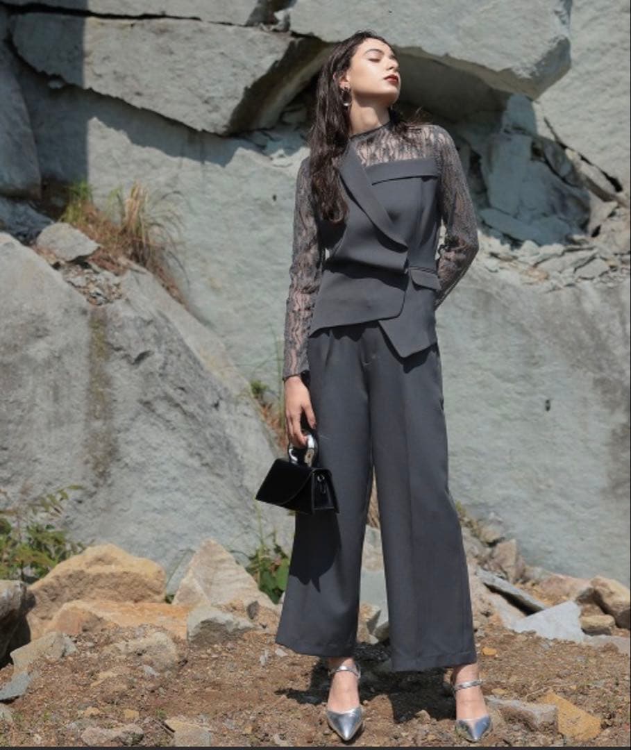 アシメテーラードデザインレースブラウスワイドパンツドレス