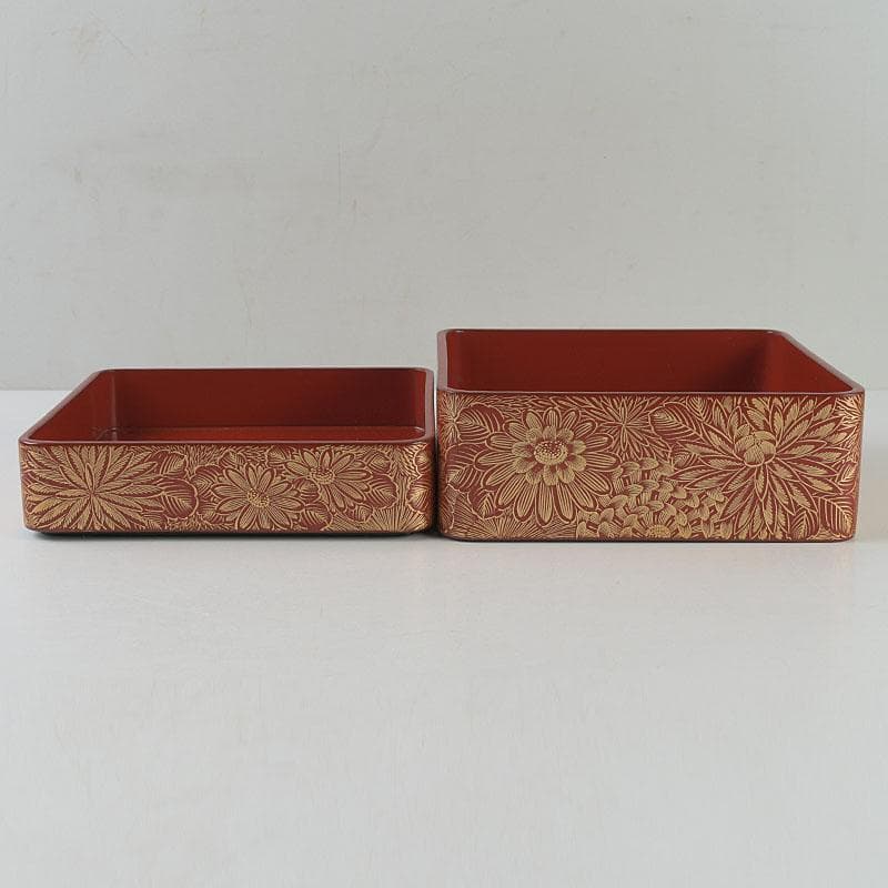 ゆりる　輪島塗　沈金蒔絵　菊彫文　手提四段重箱　共箱　M　R9137H