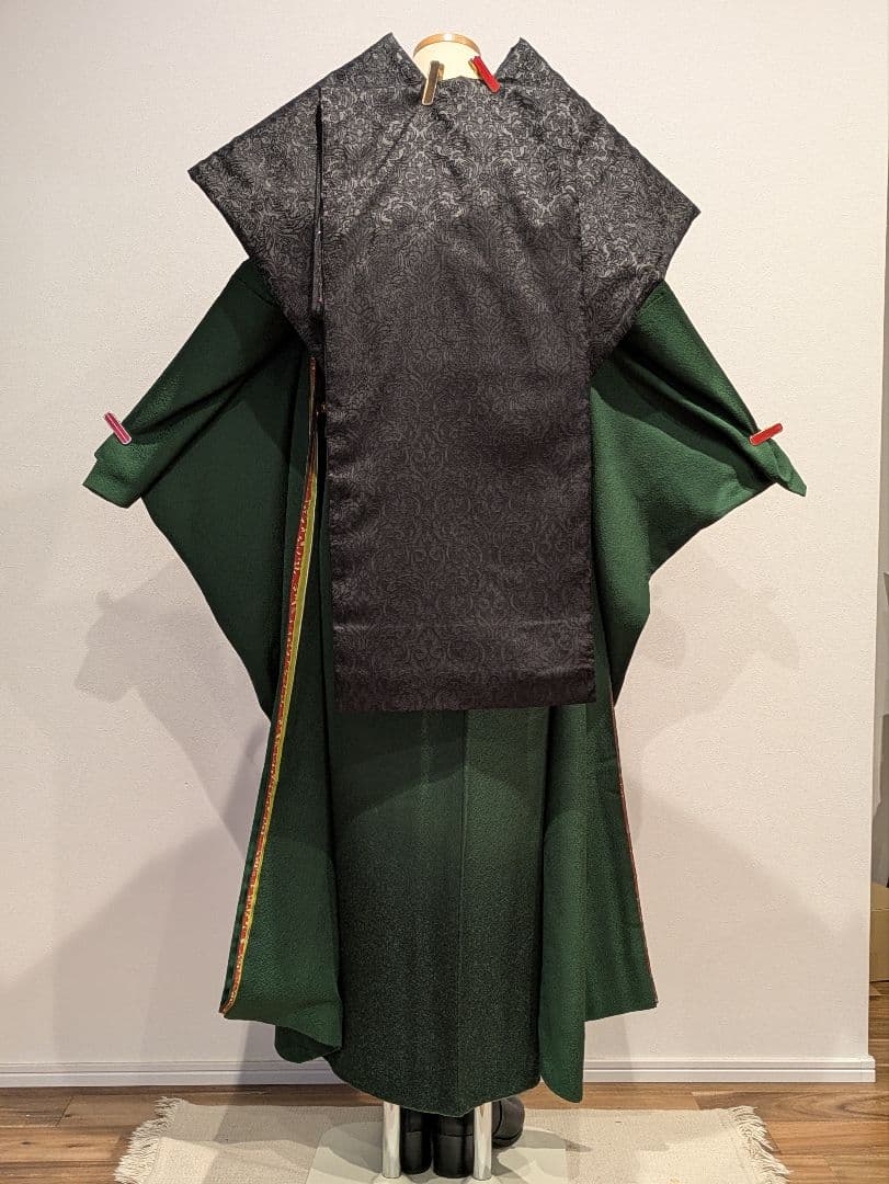 振袖フルセット 身丈165裄69.5 色無地 緑 三つ紋 逸品