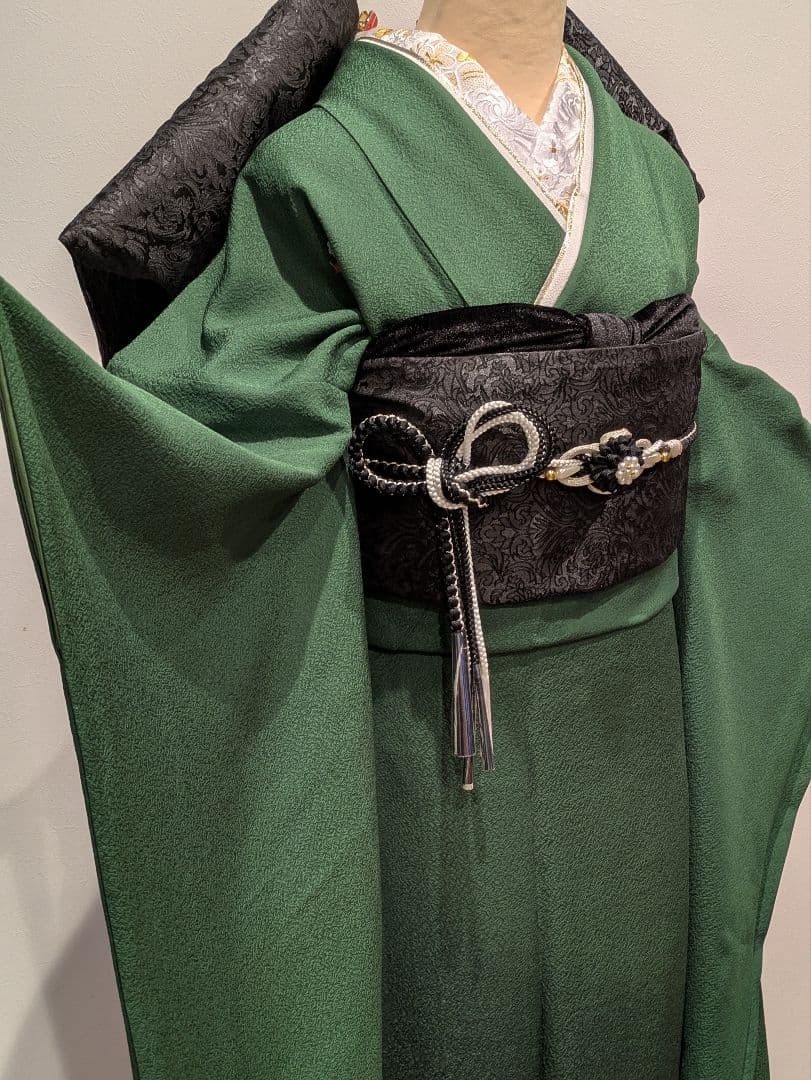 振袖フルセット 身丈165裄69.5 色無地 緑 三つ紋 逸品