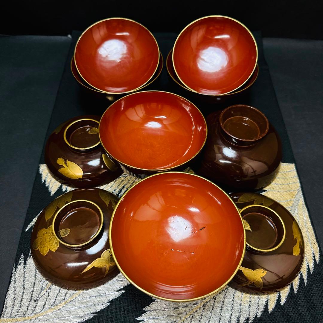 漆器　輪島塗　蒔絵　沈金木製　蓋付椀　お煮物椀　吸物椀　5客　骨董品