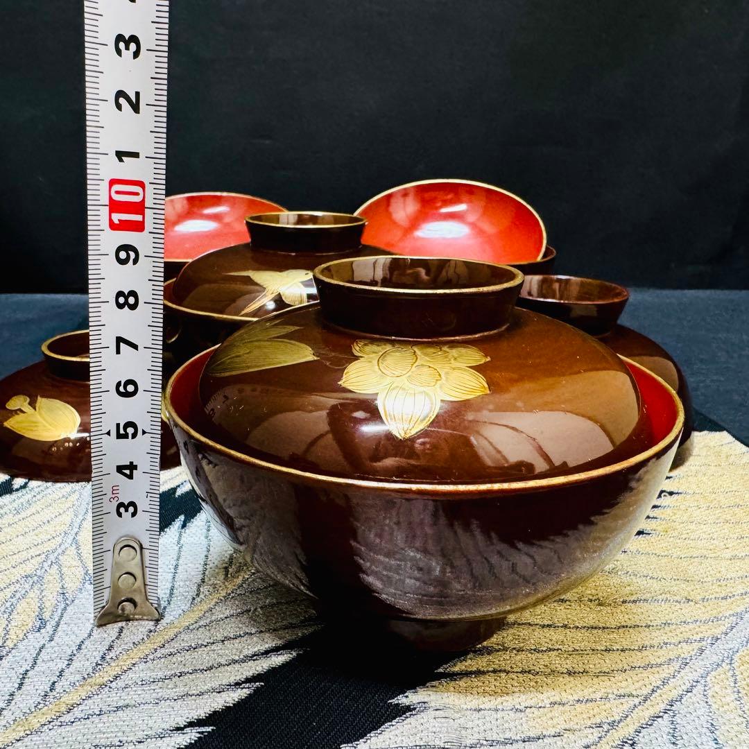 漆器　輪島塗　蒔絵　沈金木製　蓋付椀　お煮物椀　吸物椀　5客　骨董品