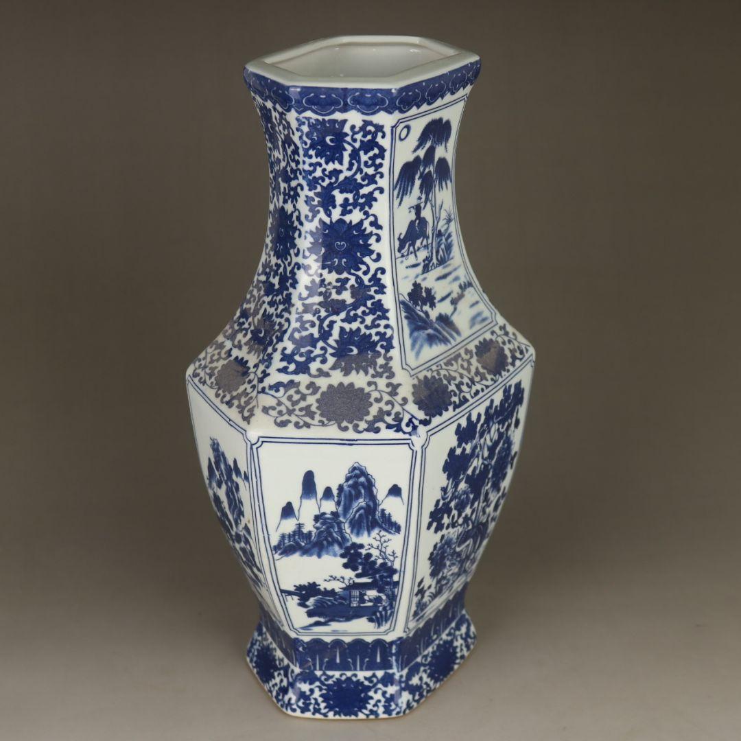 清乾隆青花人物花鳥六方賞瓶 景徳鎮 陶磁器 装飾品 現代工芸品 美術品 置物