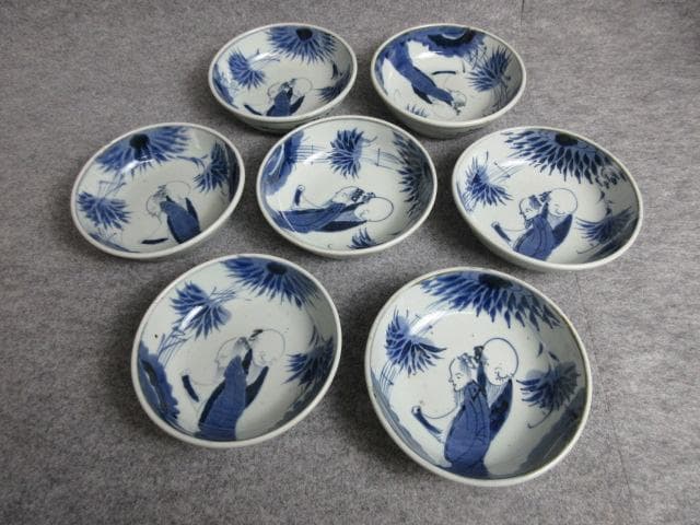 古伊万里染付竹林の賢人図しゅんかん皿7枚 [B25615]