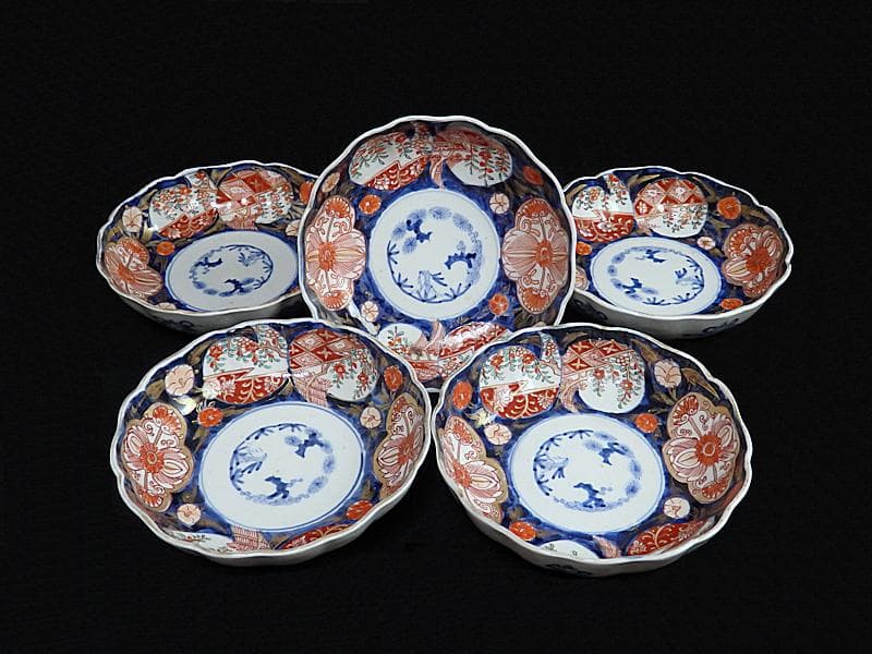 古伊万里　金襴手　枝垂れ桜に花の図　膾皿　5客　C738AS-fbef