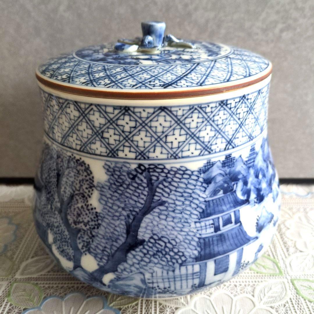 【美品】平安徳永造／染付山形・青白色 陶器 水差し（共箱付き）