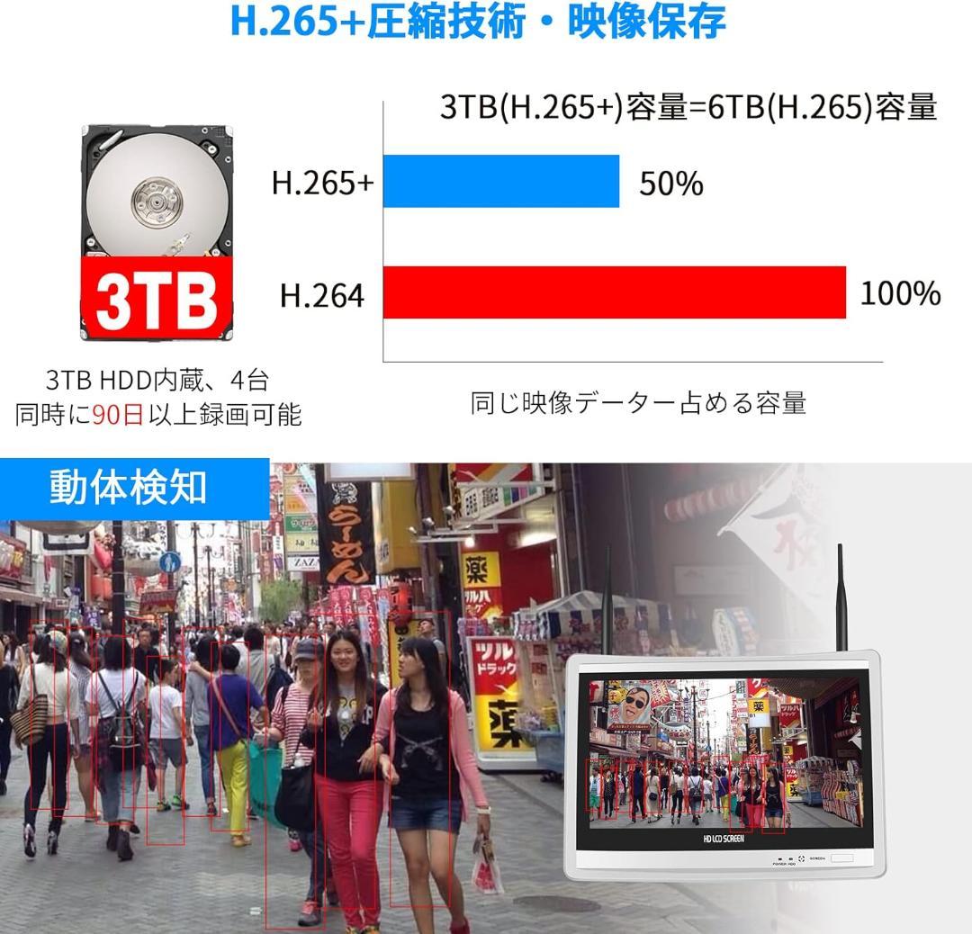 【Sランク】12インチ液晶一体型3TBHDD内蔵NVR 500万画素カメラ4台
